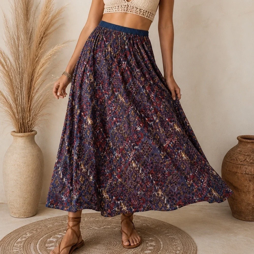 Angie Boho Blue Red Abstract Ikat‎ Medallion Rayon Maxi Skirt Womens Small v2